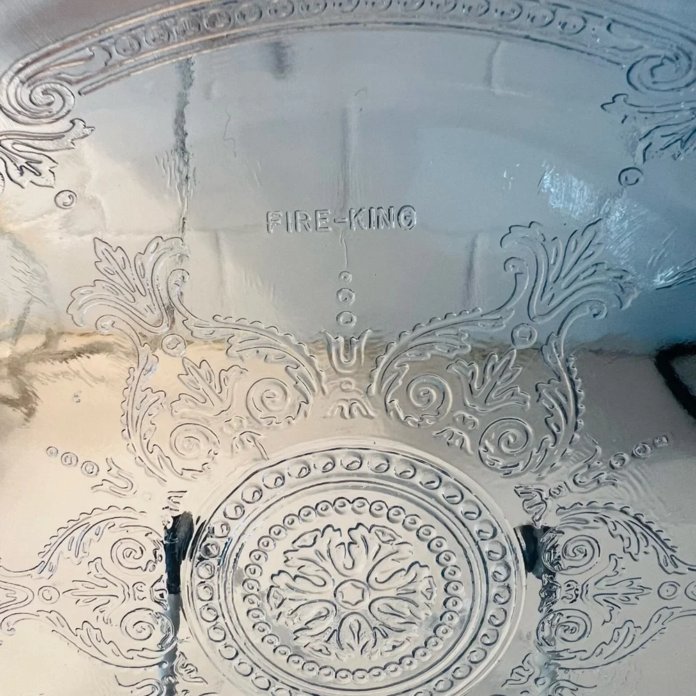 Vintage Fire-King Clear Glass 9” Pie Plate Ornate Scroll Medallion 1940s